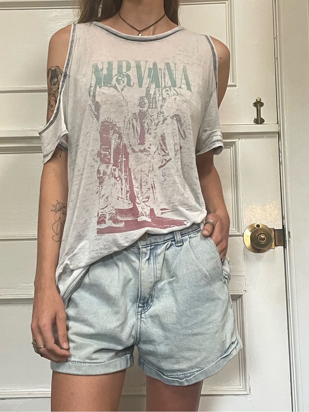 Nirvana Light Gray Cold-Shoulder Band Tee